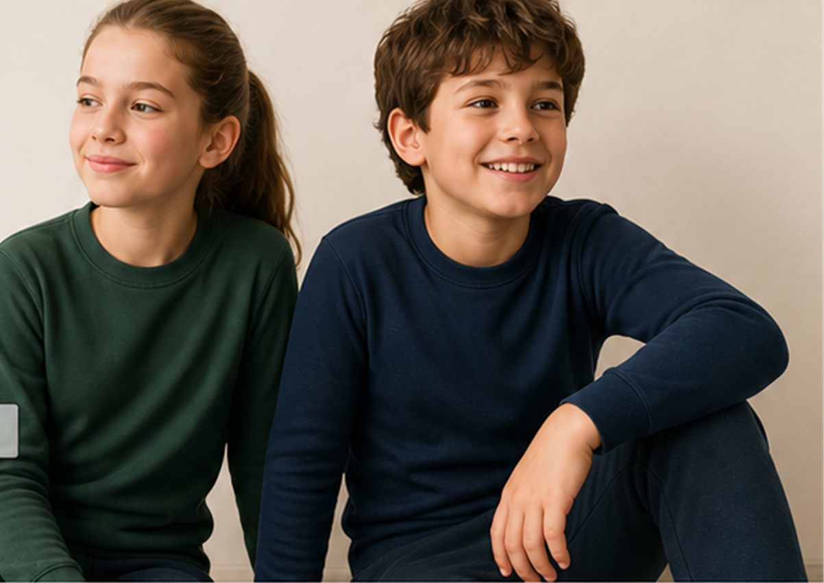Ninos usando remeras termicas escolares verde y azul